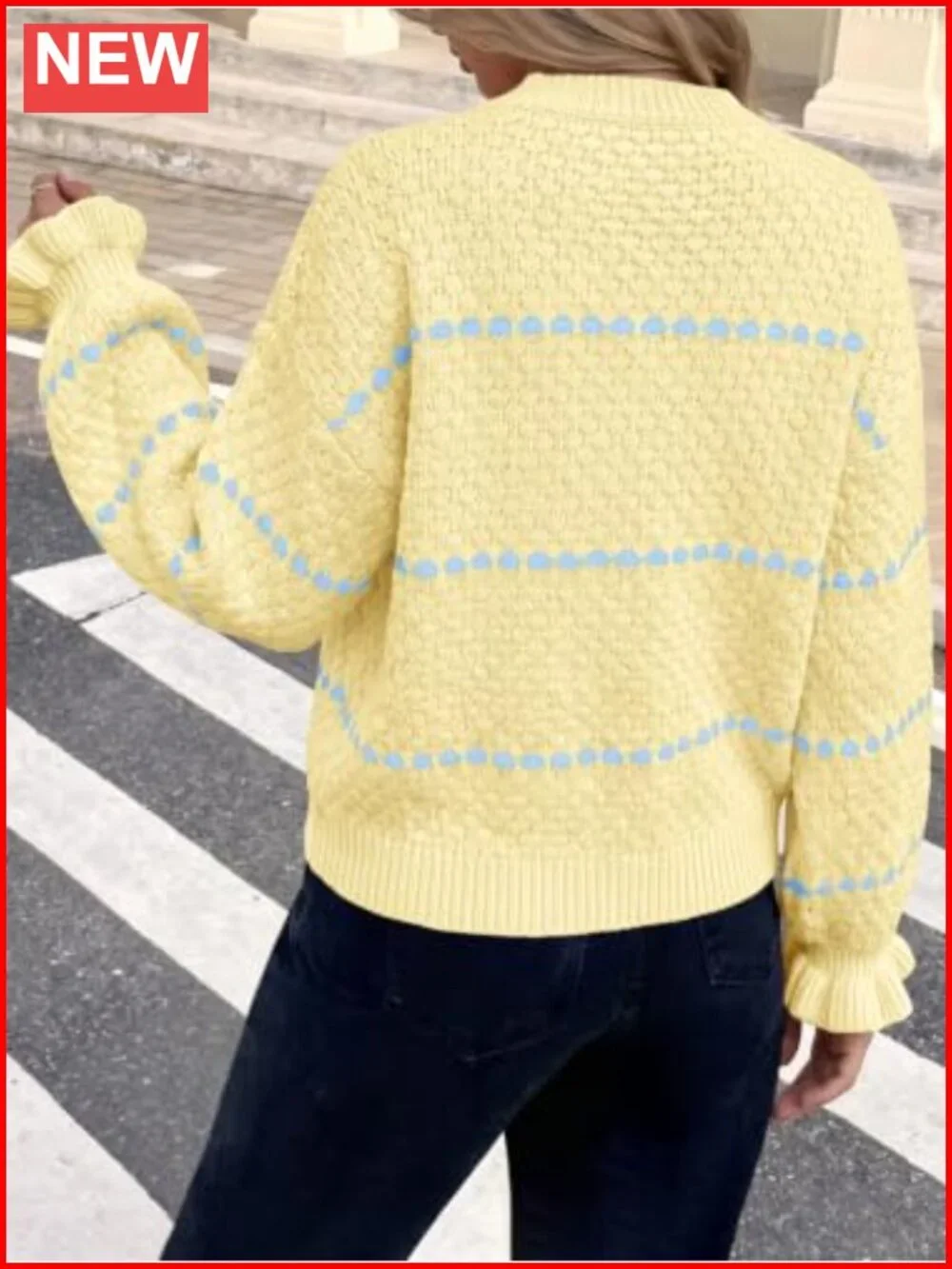 Oversized Chunky Heart Pattern Crew Neck Lantern Sleeve Pullover Sweater